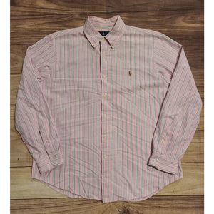 Polo Ralph Lauren Stripe Shirt LARGE Regular Fit Pink Mens Long Sleeve Striped